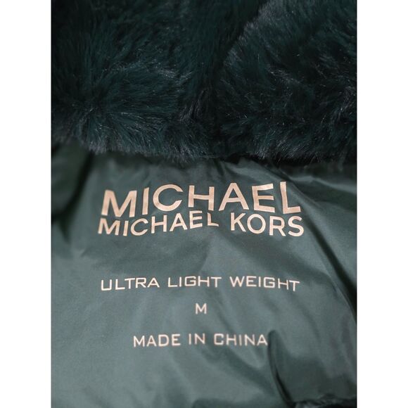 Michael Kors Green Longline Belted Puffer Coat Removable Faux Fur Collar Size M - Picture 16 of 16